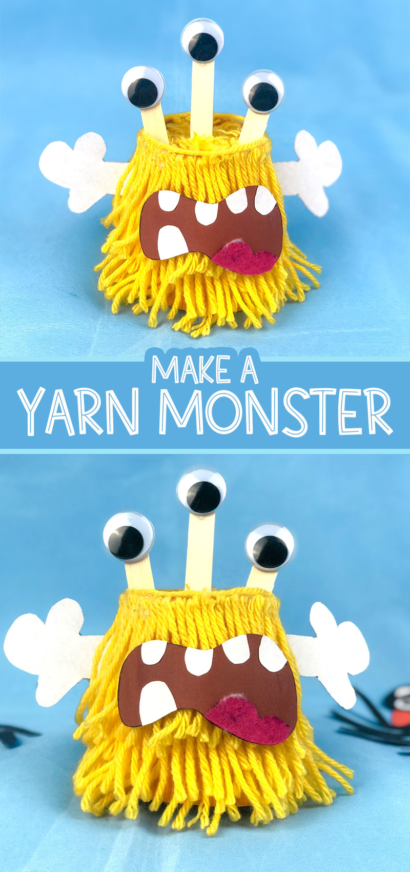 yarn monster craft hero collage with text that says "make a yarn monster"