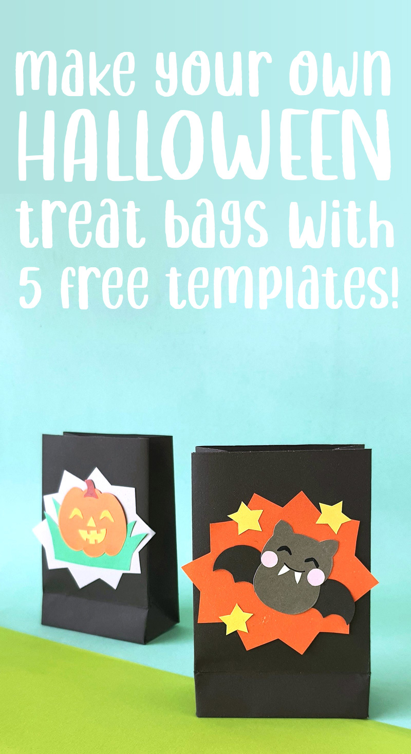 Final image of DIY Paper Halloween treat bags that says on it "Make your own Halloween treat bags with 5 free templates"